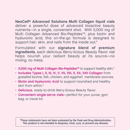 Vista 4 de NeoCell Multi Collagen Peptides Liquid 6 Viales Con ácido hialurónico y biotina Fórmula avanzada Suplemento de belleza complejo cabello