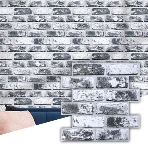 Vista 26 de Commomy Paneles de pared autoadhesivos de ladrillos falsos - 10 piezas de 30 cm x 30 cm de tamaño pequeño, diseño de PVC gris con manchas, papel