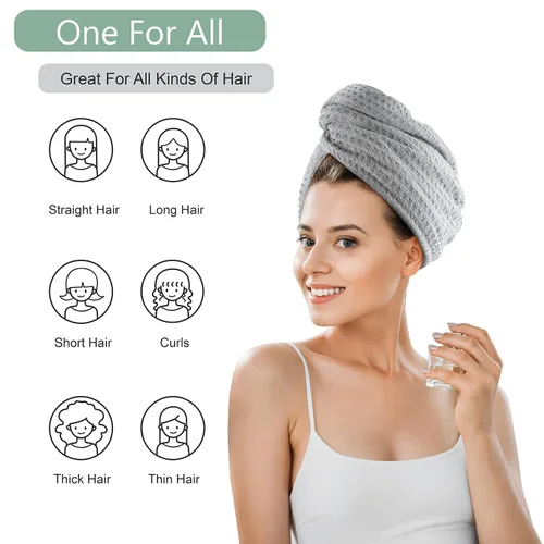 Vista 2 de Dolwis Toalla de secado de pelo de microfibra, 2 paquetes de turbante de pelo largo tipo waffle, paño de rizo de secado rápido, absorbente y Gris