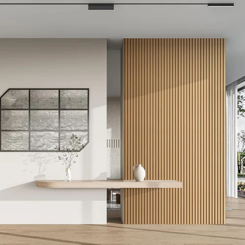 Vista 6 de Art3d Panel de pared de listones de madera de 4 piezas de 96"x5.7" para interior, techo y decoración, 15.2 pies cuadrados 4 piezas de madera natural