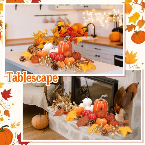 Vista 6 de AceOrbit Juego de 24 calabazas artificiales de otoño de Acción de Gracias con hojas de arce, piñas y bayas para decorar mesa de otoño, centro
