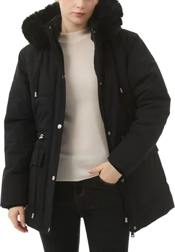 Vista 5 de MOERDENG Abrigo de plumas de invierno cálido para mujer, chaqueta de plumón con forro polar grueso, capucha desmontable de piel sintética, parka