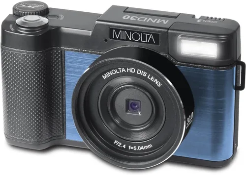 Vista 2 de Minolta MND30 30MP 2.7K QHD 3.0 "Pantalla LCD Cámara Digital, Negro con Tarjeta Micro SD y Bolsa de Cámara Slinger (azul)
