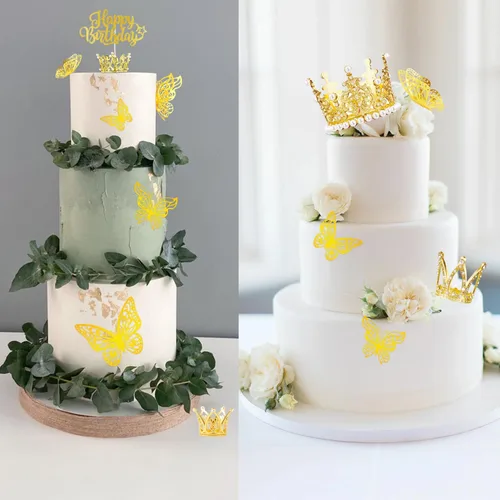 Vista 2 de Juego de 29 adornos dorados para tartas, 4 coronas, 24 piezas de decoración de mariposa dorada en 3D, 1 adorno de pastel de feliz cumpleaños, mini