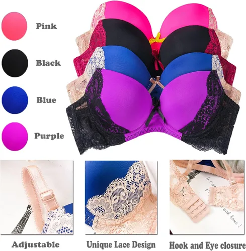 Vista 6 de YooMee Conjunto de brasier con aros para mujer paquete de 4 sujetadores de encaje con copa completa