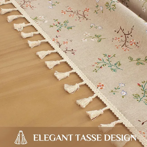 Vista 6 de Softalker Mantel rectangular bohemio de lino y algodón con borlas, mantel resistente con flores, mantel decorativo floral para cocina y comedor