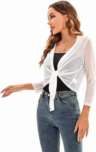 Vista 5 de Cárdigan tipo bolero de manga 34 para mujer, con lazo, ligero, bolero