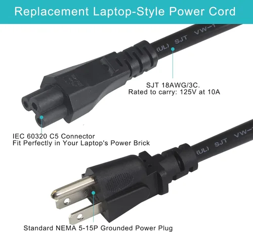Vista 2 de Cable de alimentación de CA de repuesto de 2 pies para laptop, cable de alimentación universal de 3 clavijas, 18 AWG, resistente, NEMA 5-15P a C5