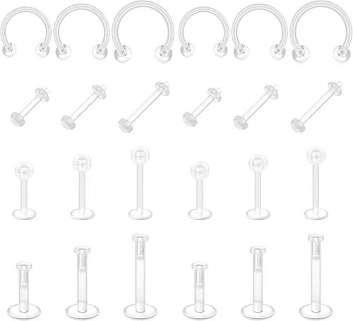 Vista 6 de FECTAS 20-38 piercings transparentes de plástico Bioflex, aretes de nariz, tabique, vientre, cartílago, hélice, pezón, lengua, labio, labret, cejas