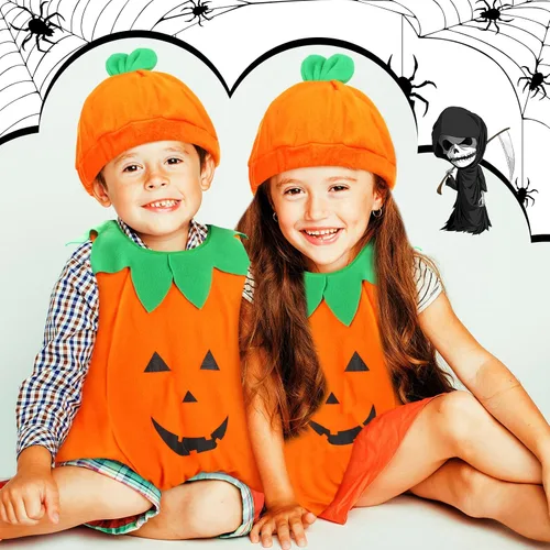 Vista 2 de Disfraz de calabaza de Halloween para niños de 0 a 24 meses, unisex, calabaza naranja, divertido traje de cosplay con 1 cesta de calabaza y 1