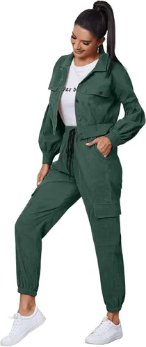 Vista 4 de SweatyRocks Conjunto de 2 piezas para mujer, de manga larga, con bolsillos frontales y botones