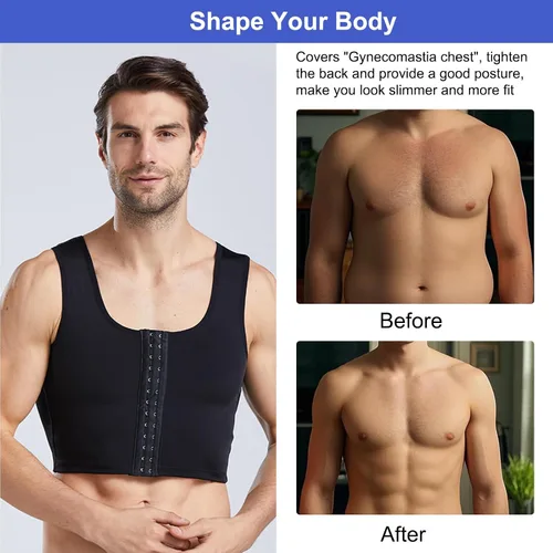 Vista 6 de Chaleco de compresión para hombre, fajas de entrenamiento para hombre, soporte de espalda, ginecomastia Negro