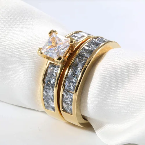 Vista 2 de Juego de anillos de boda de dos anillos, para parejas, de 10 quilates de oro amarillo, relleno de circonia cúbica blanca, para compromiso y boda
