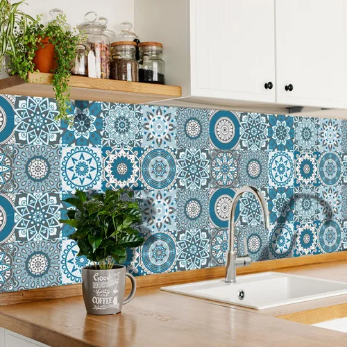 Vista 12 de Pegatinas de Azulejos para Salpicadero de 6x6 pulgadas en Verde, Despegar y Pegar, Patrón Mandala, Calcomanías de Azulejos Decorativas para Cocina
