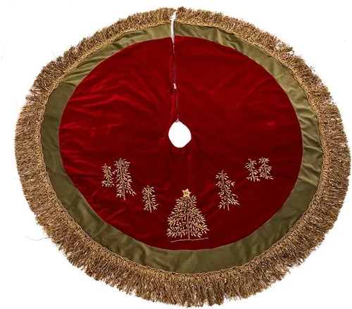 Vista 3 de Kurt Adler Falda de Árbol de Árboles de Cinta Burdeos de 50 Pulgadas con Borde de Borla Verde