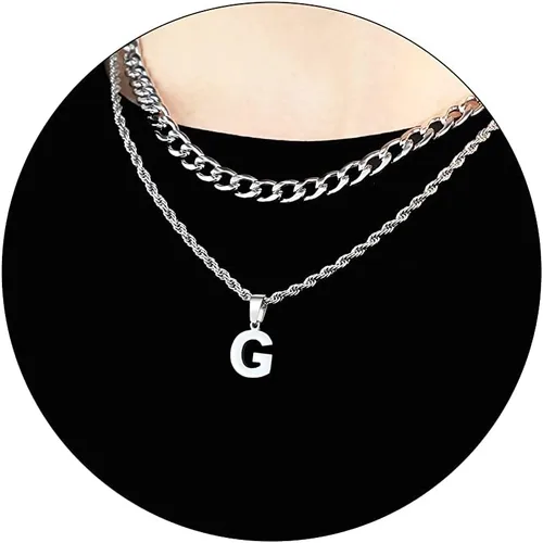 Vista 31 de SENRAN Collar con inicial en capas de la A a la Z para hombre, cadena de cuerda torcida de acero inoxidable de 18 a 20 pulgadas, dije de letra