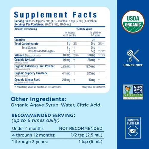 Vista 5 de Mommy's Bliss Jarabe orgánico para la tos y moco del bebé + apoyo inmunológico, contiene hojas de agave y hiedra, más de 4 meses, 1.67 onzas líquidas