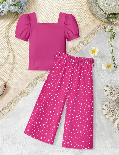 Vista 27 de DONWEN Conjunto de 3 piezas de ropa para niñas pequeñas y niñas con cuello cuadrado + pantalones elegantes + diadema para primavera y verano