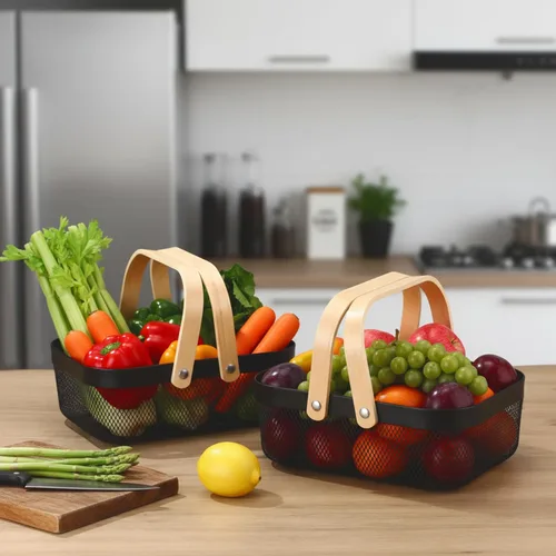 Vista 4 de Sadnyy 2 cestas de almacenamiento de alambre de metal negro con asa de malla para cosecha de verduras, frutas y juguetes, para organización