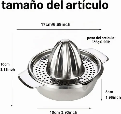 Vista 6 de Exprimidor de limón de acero inoxidable Exprimidor de cítricos Prensa de mano Herramienta de exprimir jugo de naranja con recipiente
