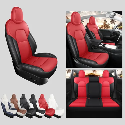 Vista 7 de Funda de asiento para Tesla Modelo Y 2020-2024, impermeable, de piel de napa totalmente envuelta (TY-rojo + negro)