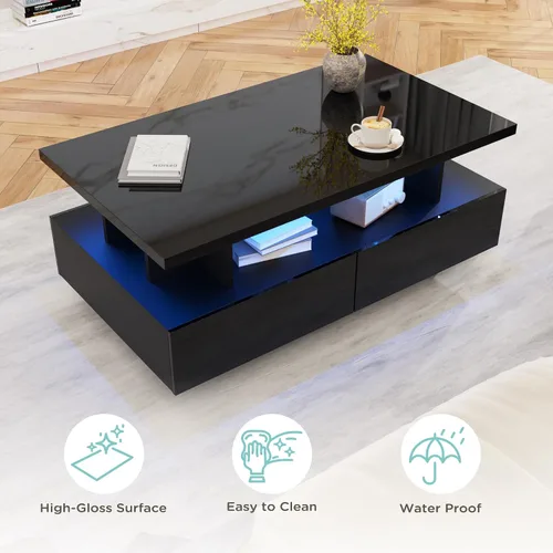 Vista 7 de MHOM Mesa de centro LED de 41.3 pulgadas, moderna mesa de sala de estar de alto brillo con 4 cajones, elegante mesa central para sala de estar, Negro