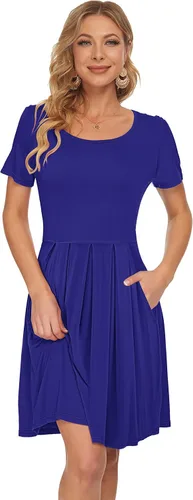 Vista 4 de AUSELILY - Minivestido de manga corta para mujer, plisado, con volantes, acampanado, con botón