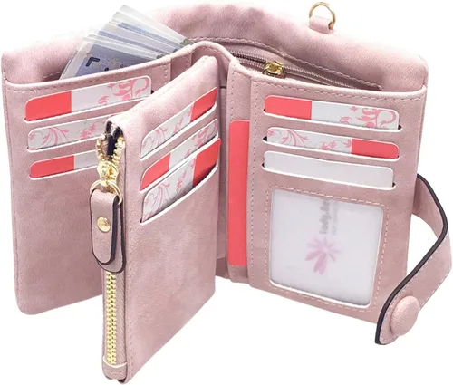Vista 6 de AOXONEL Women's Small Bifold Leather wallet Rfid blocking Ladies Wristlet with Card holder id window Coin Purse