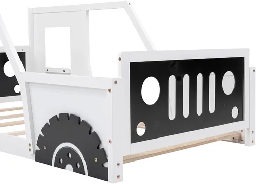 Vista 5 de Polibi Cama de plataforma, tamaño individual, cama clásica de madera en forma de automóvil con ruedas, cabecero, estribo, puertas, ventanas