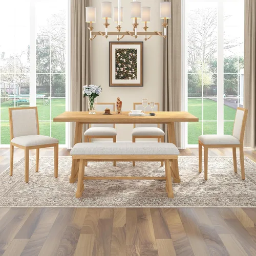 Vista 181 de Juego de mesa de comedor vintage de 6 piezas, juego de mesa de comedor de cocina de madera maciza con 4 sillas ergonómicas acolchadas y banco, mesa