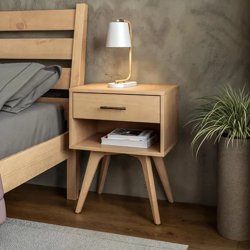 Vista 5 de Camaflexi Mid Century Modern One Drawer Nightstand/Solid Wood/Partial Assembly Required - Light Oak Finish