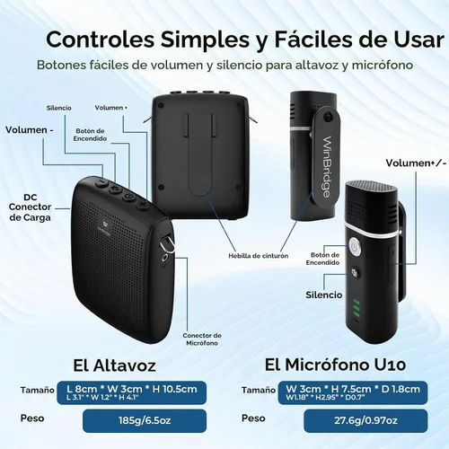 Vista 6 de WinBridge - Amplificador de voz portátil con micrófono Bluetooth Lavalier, micrófono de profesor con altavoz, amplificador de solapa inalámbrico