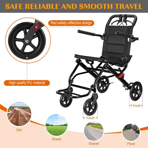 Vista 6 de Silla de ruedas ligera, silla de ruedas plegable portátil con frenos de mano de bloqueo, sillas de ruedas plegables para adultos y personas mayores