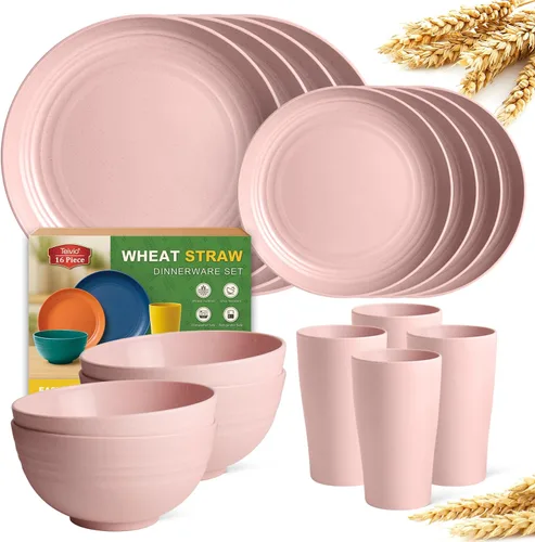 Vista 13 de Teivio Juego de vajilla de plástico de paja de trigo de 16 piezas, servicio para 4, platos de cena, plato de postre, tazones para cereales, tazas