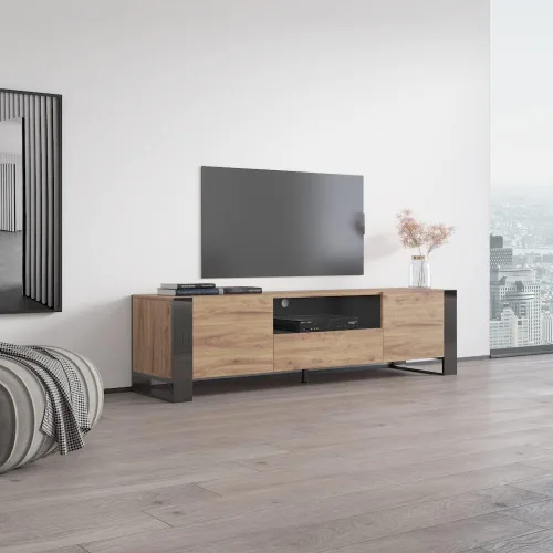 Vista 4 de Woody - Soporte de TV moderno de alto brillo de 71 pulgadas (roble/gris)