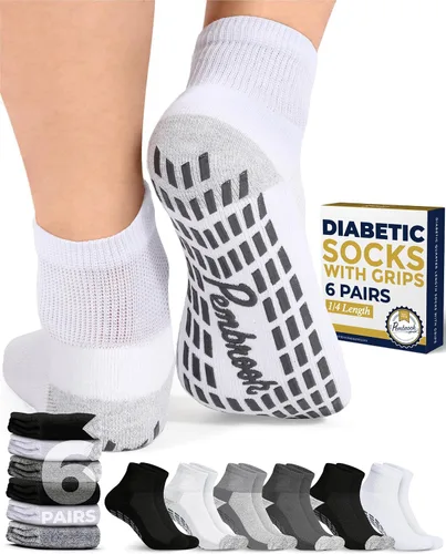 Vista 9 de Pembrook 6 pares de calcetines tobilleros diabéticos para hombres y mujeres con agarres, calcetines de neuropatía de 12 colores para hombres