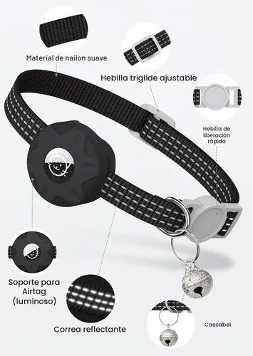 Vista 3 de Apple AirTag - Collar para gatos, rastreador GPS con función separable y campana, ligero para gatos y gatitos (negro)