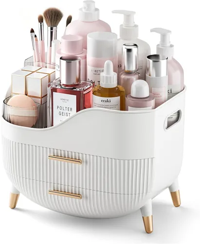 Vista 7 de Pajiriona Organizador de maquillaje con cajones, organizador de cuidado de la piel para tocador, caja de almacenamiento con asa, vitrina grande