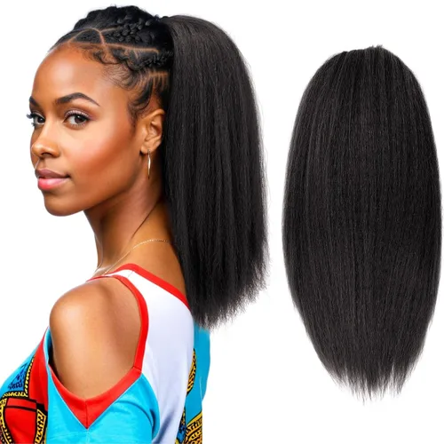 Vista 18 de Cola de caballo recta Yaki de 12 pulgadas con cordón para mujeres negras, sintética, gruesa, recta, longitud del hombro, extensión de cola