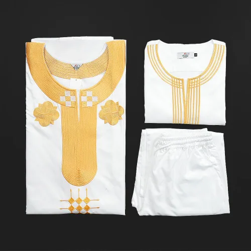 Vista 5 de HD Ropa Africana para Hombre Agbada con Bordado, Conjunto de Camiseta y Pantalón Dashiki 3 Piezas Blanco-g