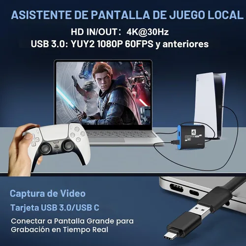 Vista 4 de USB 3.0 HDMI Video Capture Card for Switch 2 PS5 Xbox DSLR Streaming Azul