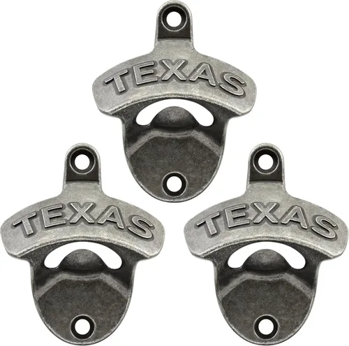 Vista 10 de Abrebotellas de bronce antiguo montado en la pared TEXAS A prueba de óxido, acabado vintage, atornillado en madera para mesa de pared, valla
