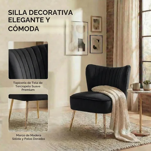 Vista 6 de DUOMAY Juego de 2 sillas decorativas modernas de terciopelo con patas doradas, silla lateral con respaldo alado para sala de estar, dormitorio Negro