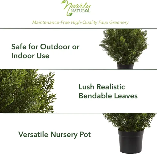 Vista 4 de Nearly Natural Arbusto artificial de cedro de 2 pies (interior/exterior) Textured Adjustable Branches, Maintenance-Free, Black Nursery Pot