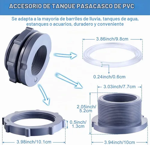 Vista 2 de Outus Conector de tanque de agua de montaje de mamparo de PVC de 2 pulgadas para barriles de lluvia, acuarios, estanques o tanques de agua