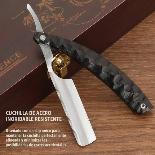 Vista 4 de Kit profesional de afeitar recta, afeitadora de peluquero para hombres en caja de regalo (negro)