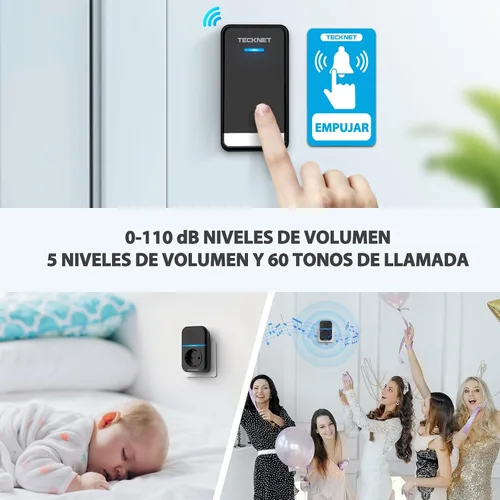 Vista 6 de TECKNET Timbre inalámbrico, timbre autoalimentado, timbre inalámbrico enchufable de 0 a 110 db para hogar, aula, IP66, impermeable, 1300 pies
