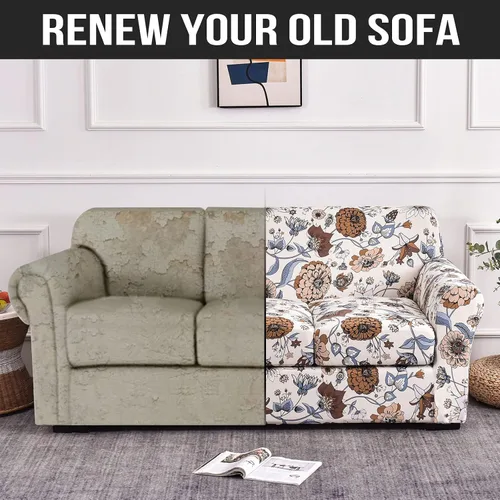 Vista 4 de JIAN YA NA Funda elástica de 4 piezas para sofá de 3 cojines, funda de sofá con estampado floral con fundas de cojín individuales, funda elástica