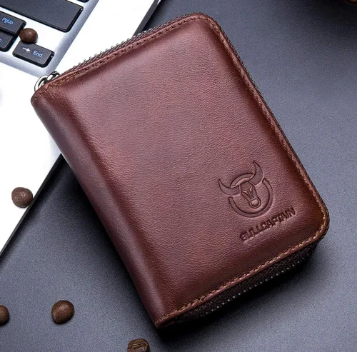 Vista 5 de BULLCAPTAIN Cartera de cuero genuino para hombre, tarjetero con cremallera para tarjetas de crédito, Marrón