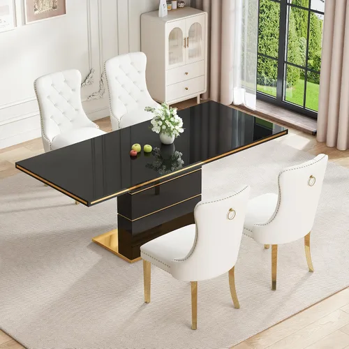 Vista 22 de Mesa de comedor moderna negra para 6 personas, mesa de cocina rectangular de 63 pulgadas con acabado lacado dorado y base de pedestal de acero